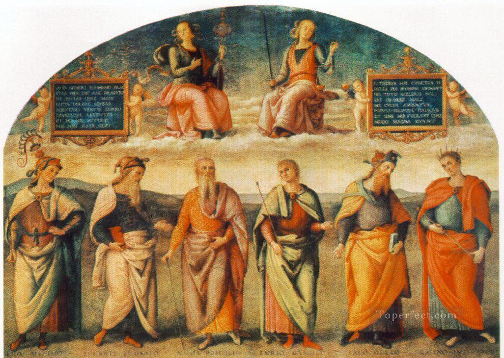 Prudencia y justicia con seis sabios antiguos 1497 Renacimiento Pietro Perugino Pintura al óleo